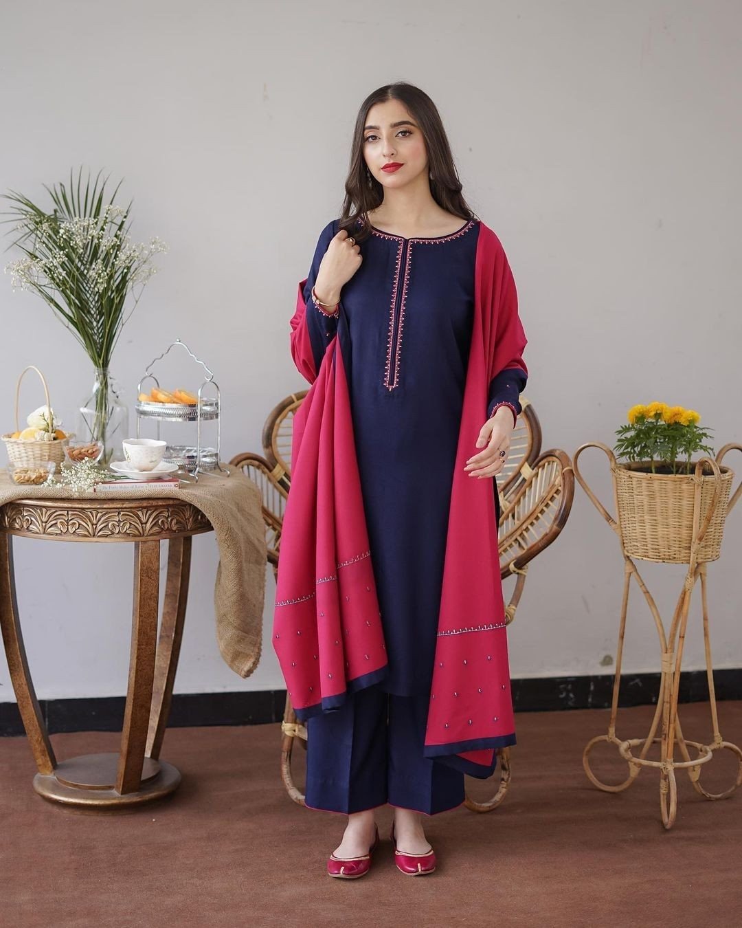 Stitched Wool Mareena Navy Blue Tilla Embroidered 3 Piece Suit With Pink Contrast Shawl